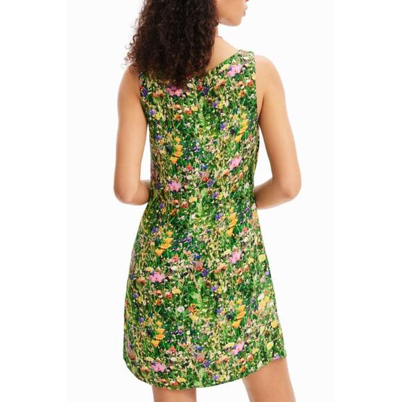 Desigual Green Floral Tank Mini Dress Rear Zip Square Neck Resortwear Vacation - Picture 5 of 5